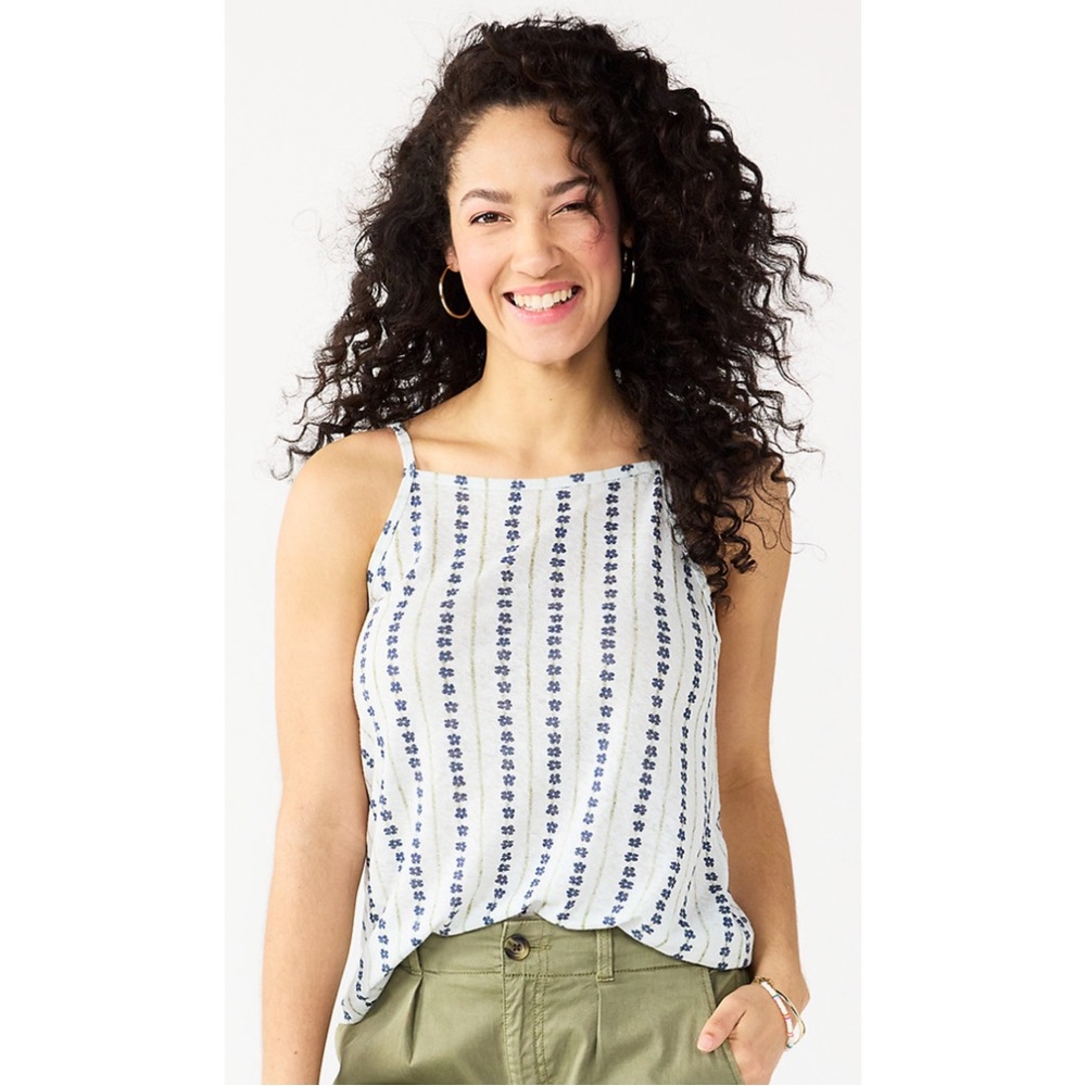 NWT Sonoma Squareneck Camisole Tank Top Linen Floral Stripes White Size XXL